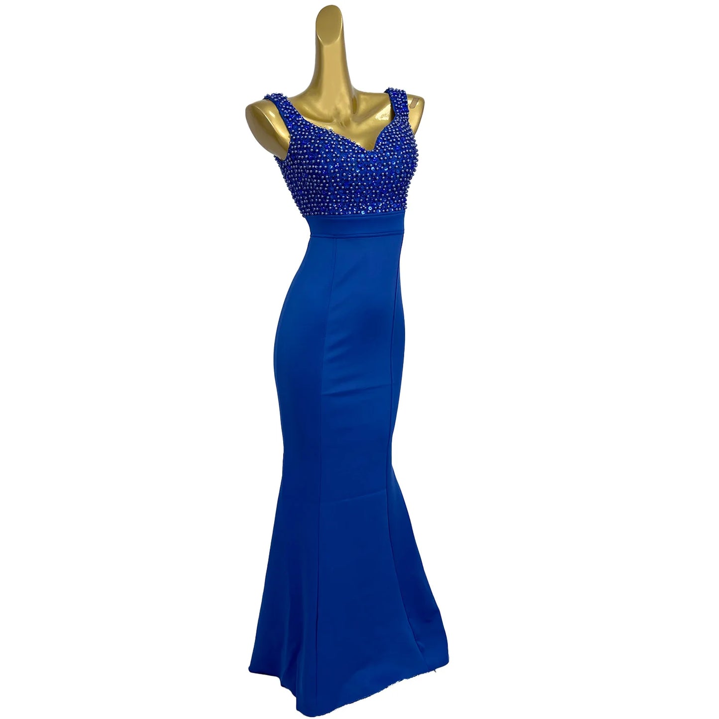 Maxy Sexy Women Elegant Blue Long Dress Spandex Fishtail Gown Birthday Party Photo Shoot Wear Prom Gala Pearls Sequins Evening Dress