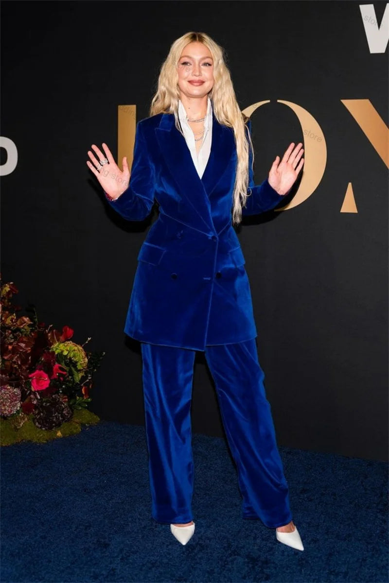 Maxy Velvet Blue Women Suit Set 2 Piece Blazer+Pants Formal Office Lady  Jacket Wedding Tuxedos Customized Business Coat Trousers