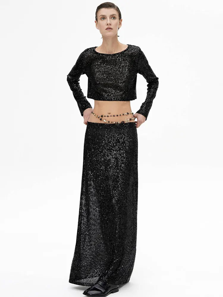Maxy Autumn Sequin Dress Suit Sexy Club Party Women Crop Top+Long Skirt Elegant Two Piece Matching Set