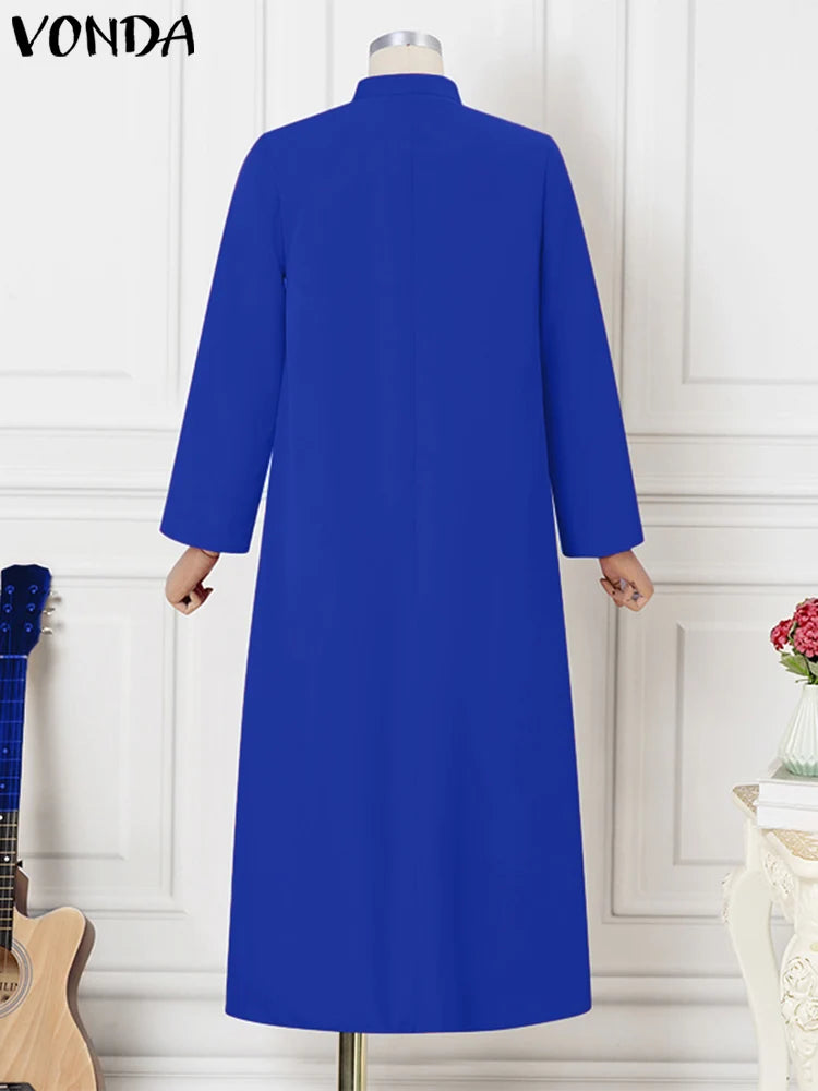 Maxy Plus Size VONDA Women Ruffled Maxi Long Dress Casual Solid Color A-Line Shirt Dress Stand Collar Long Sleeve Party Vestido