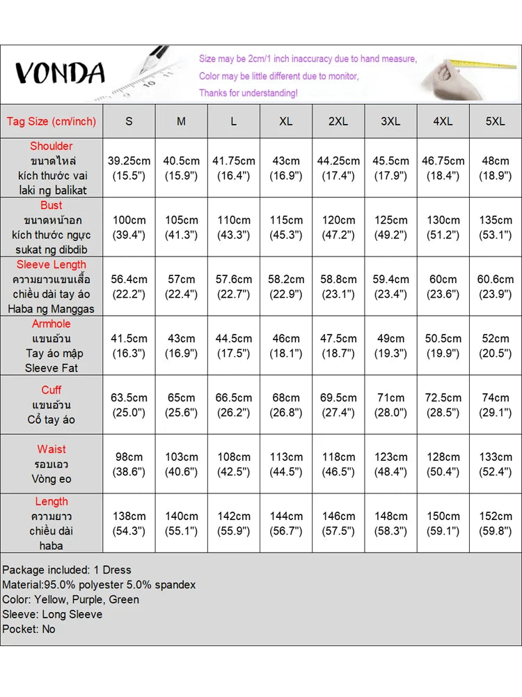 Amay Plus Size VONDA Bohemian Dress Elegant Women Printing Sundress Vintage Flare Long Sleeve Maxy O-Neck Robe Summer