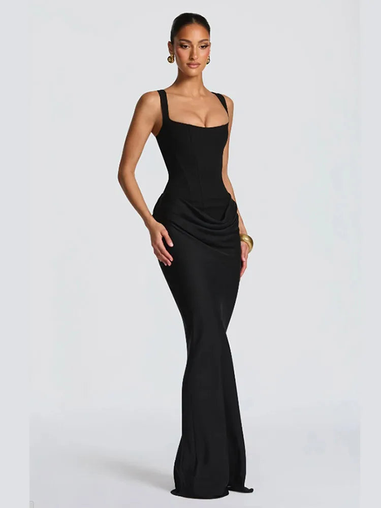 Fashion Pleated Sling Maxi Dress Women Elegant Solid Sleeveless Square Neck Off-shoulder Slim Fit Robes Lady Evening Party Gowns