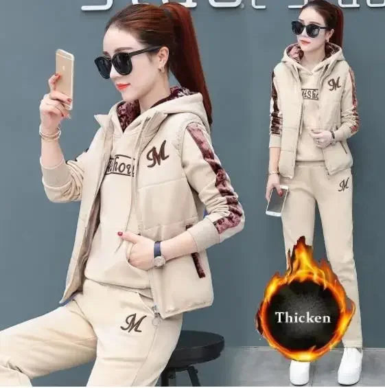 Women 3 Piece Set  Suit Tracksuit Winter Hoodies+Vest+Pants Track Suit Plus Velvet Warm Sporting Suits Female Clothes