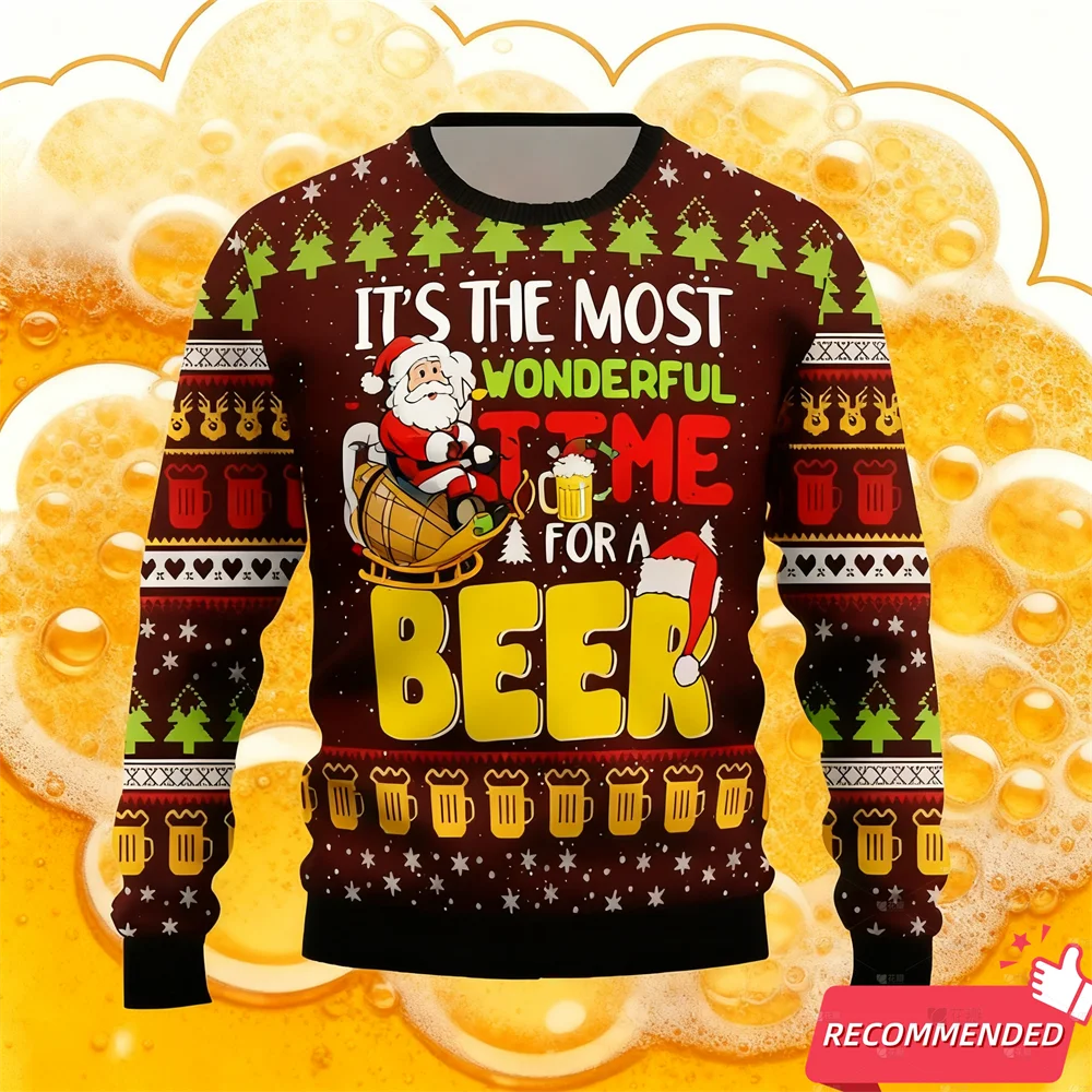 Maxy Fashion Beer Ugly Christmas Sweater For Women Funny Cartoon Santa Mens Ugly Sweater Xmas Holiday Crew Neck Men's Sweatshirt