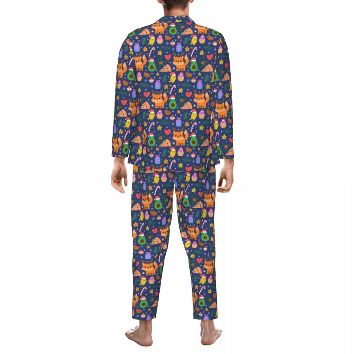 Maxy Cute Fox Print Pajama Sets Funny Christmas Kawaii Sleepwear Man Long Sleeve Loose Leisure 2 Pieces Nightwear Big Size XL 2XL