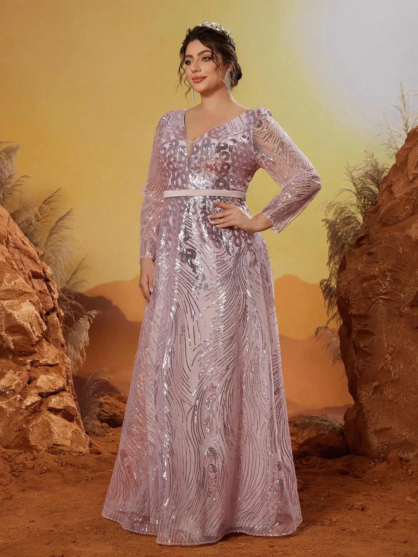 Maxy New Arrival V Neck Noble Large Size Evening Gown Dress Sequin Belt Long Dress
