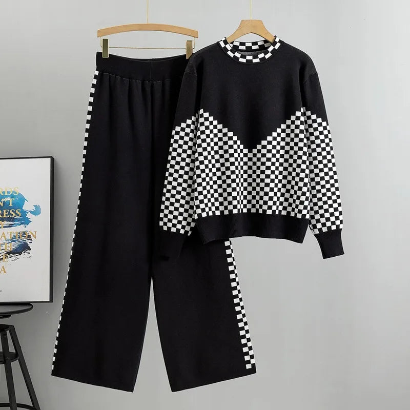 Maxy Women Pullovers Pant Set Casual Elastic Sweater Suits Color Contrast Knitted Loose Elegance Long Sleeve Tops Autumn Winter