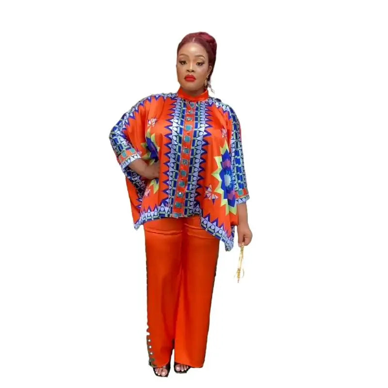 Maxy 2 Piece African Clothes for Women Outfits Summer African 3/4 Sleeve O-neck Print Top Pant Matching Sets Africa Clothing
