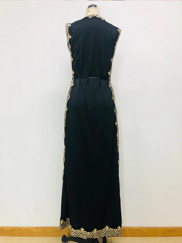 Maxy Two Piece Set Women Black Elegant Dress Summer Vintage Tank Leeveless Cardigan Embroided Floor Length Club Party Dresses