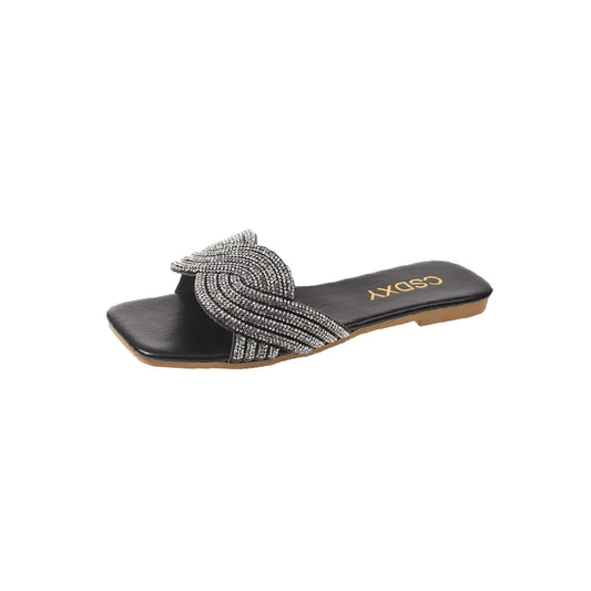 Maxy New 2024 Summer Flat Heel Rhinestone Ladies Shoes Women Fashion Rhinestones Sandals High Quality Outdoor Beach Slides Slippers
