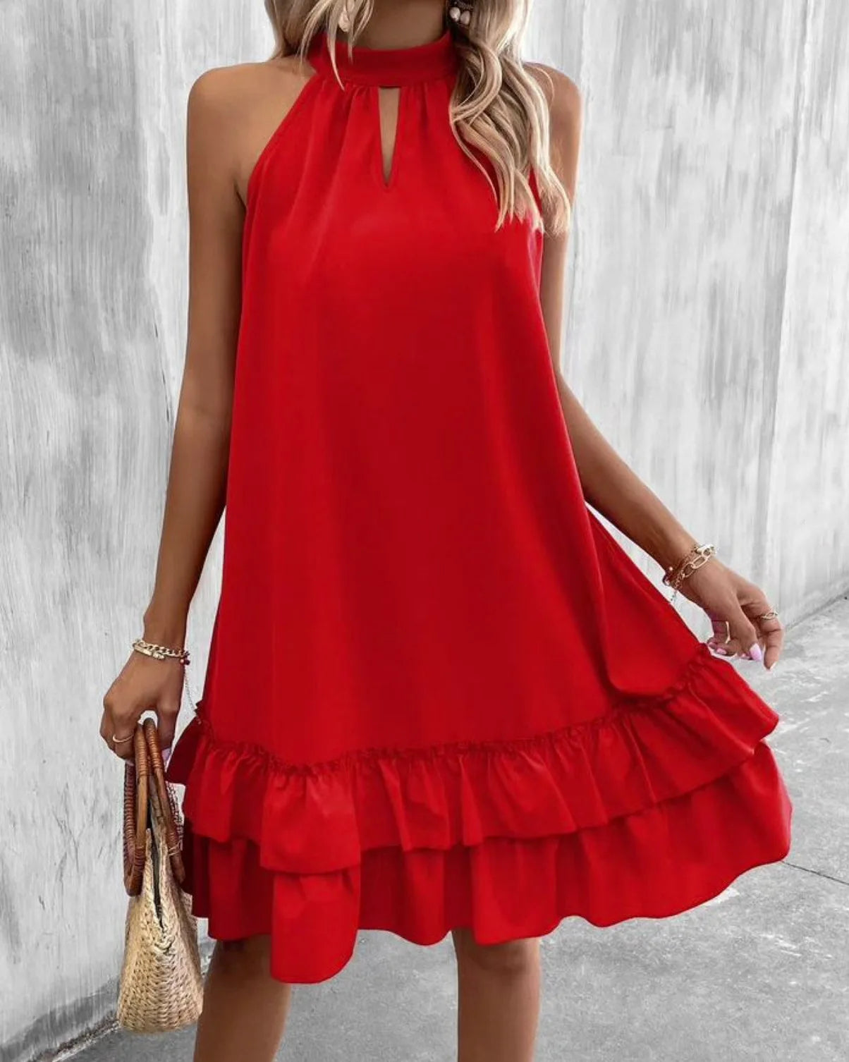 Summer New Solid Color Sleeveless Hanging Neck Series With Loose Ruffle Edge A-line Dress For Women's Fashion Midi Vestidos