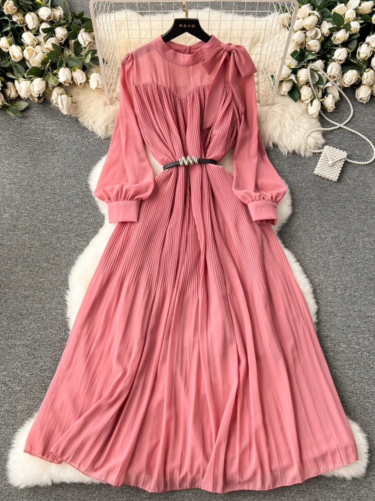 Women Elegant Pleated Long Dress Spring Autumn Sweet Bow Chiffon Dresses Ladies Vintage Bubble Sleeves Casual Long Robe Vestidos