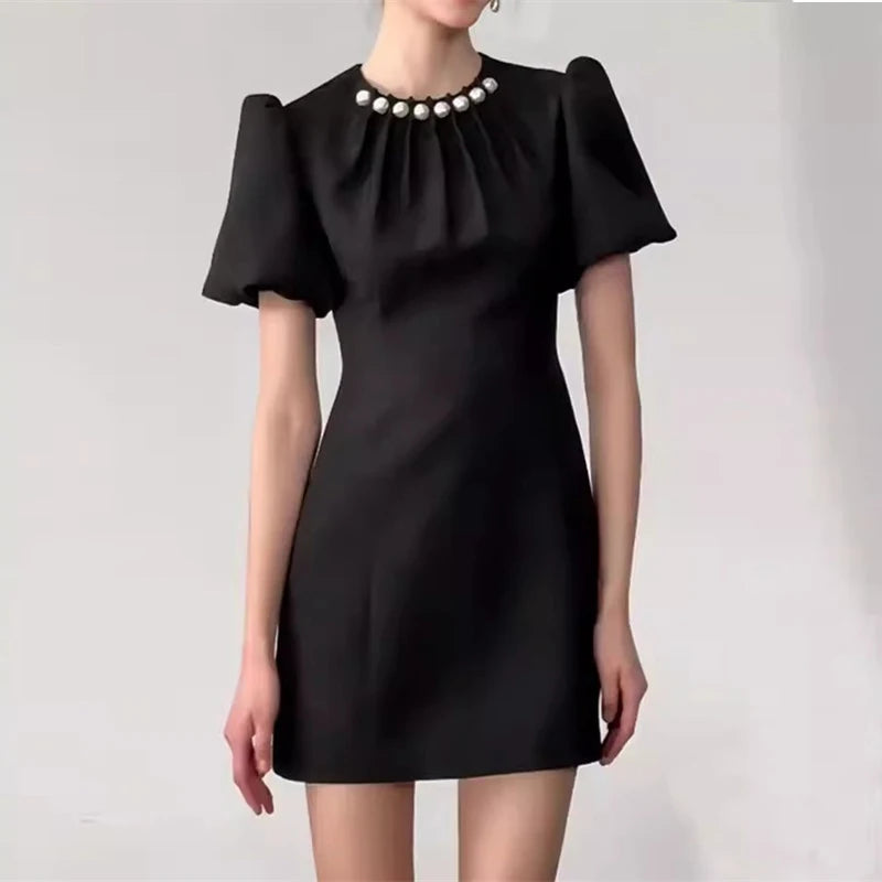 Summer New Arrival Fashion 2024 Women’s O-neck Short Sleeve Pleated Pearls Beading Elegant Black Mini Slim Dresses