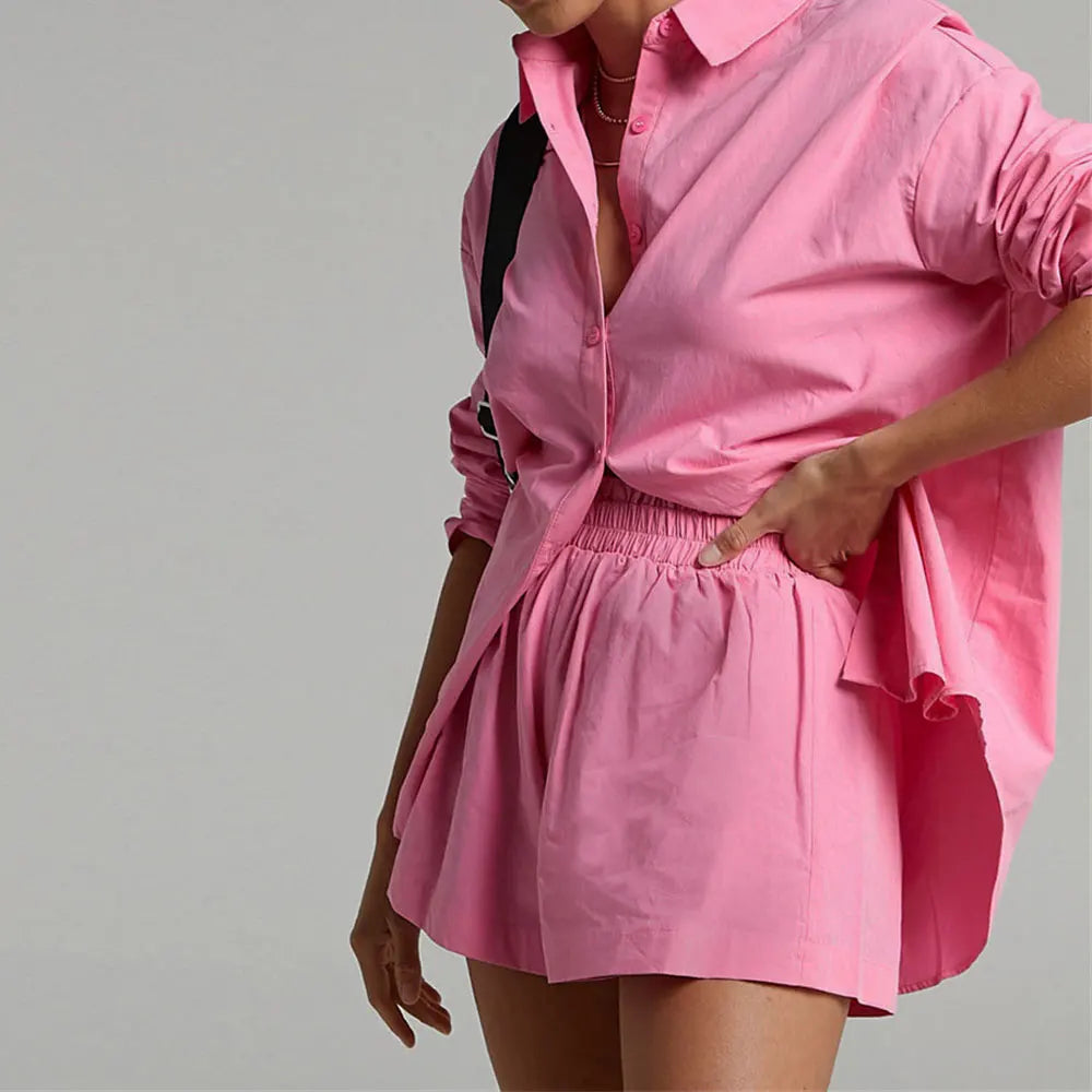 Maxy Women Tracksuits Shirt with Mini Shorts Cotton Two Pieces Sets Fashion Clothing Outfits Women Blouses Fashion Tracksuits