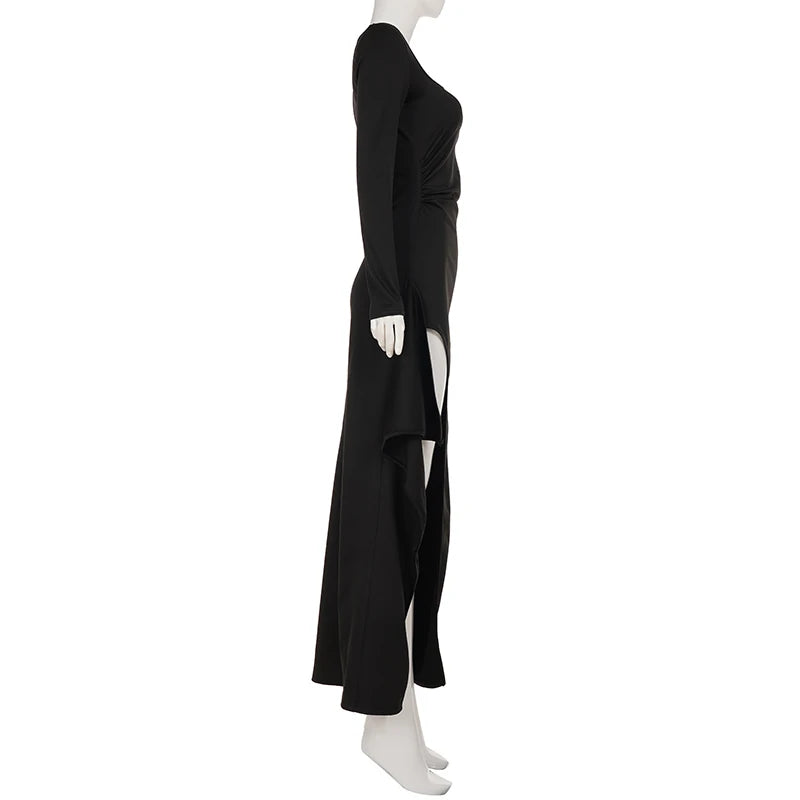 Maxy Party Clubwear Elegant Fashion Solid Split Dress Sexy Slim Square Collar Long Sleeve Maxi Dresses For Women Autumn Spring