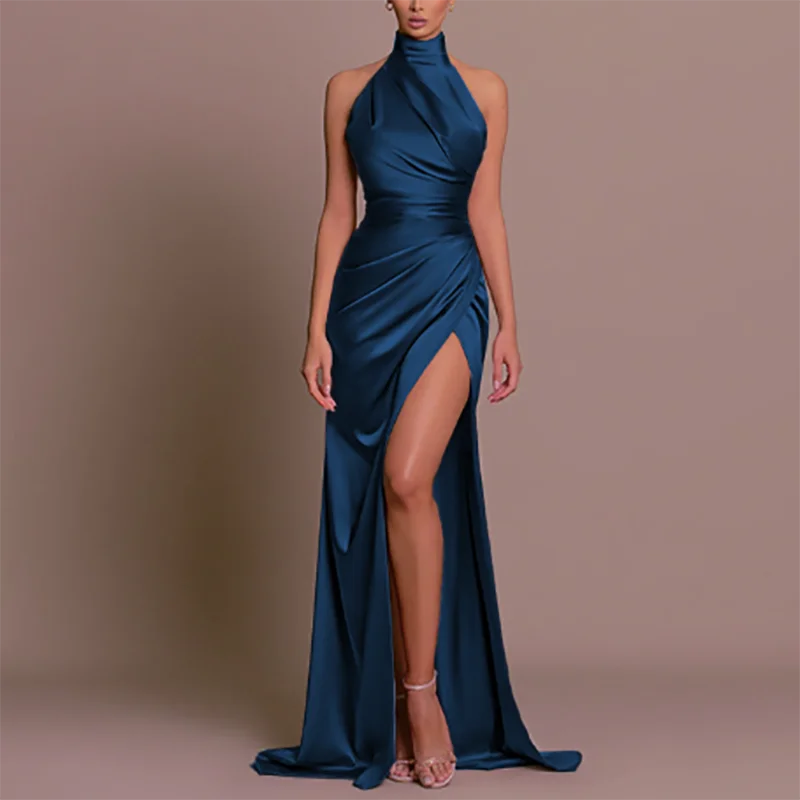 Maxy Elegant Stand Collar High Waist Robe Dress New Fashion Sleeveless Split Bridesmaid Dress Monochrome Satin Slim Women Party Dress