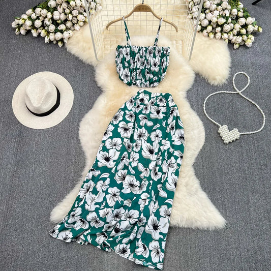 Maxy Summer Floral Print Two Pieces Set Women Fashion Elegant Casual Fold Sleeveless Tops And Long Skirt Sexy Slim 2 Piece Sets