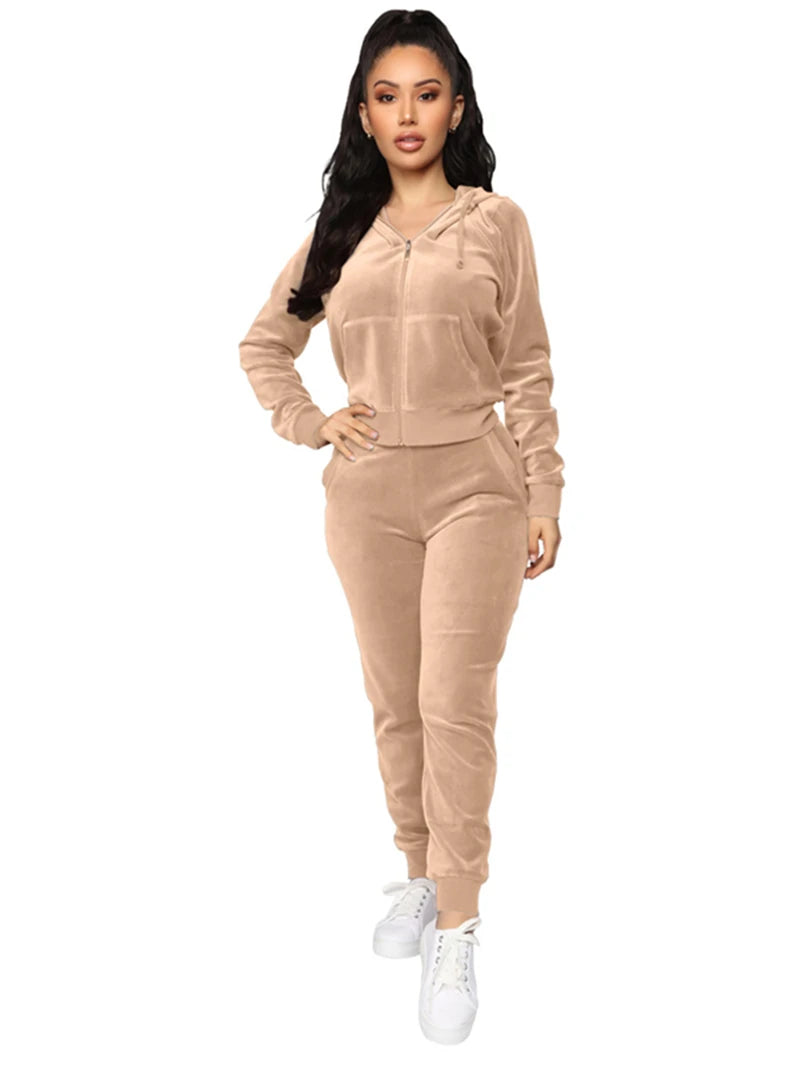 Velvet Two 2 Piece Sets Womens Outfits Autumn Clothes Zip Hooded Top Long Pants Suit Velour Tracksuit Fashion 2 Piece Women Sets