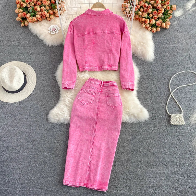 Maxy Autumn Women Pink Denim Sets Lapel Long Sleeve Short Denim Jacket High Waist Denim Skirt Korean Female Two Piece Set Streetwear