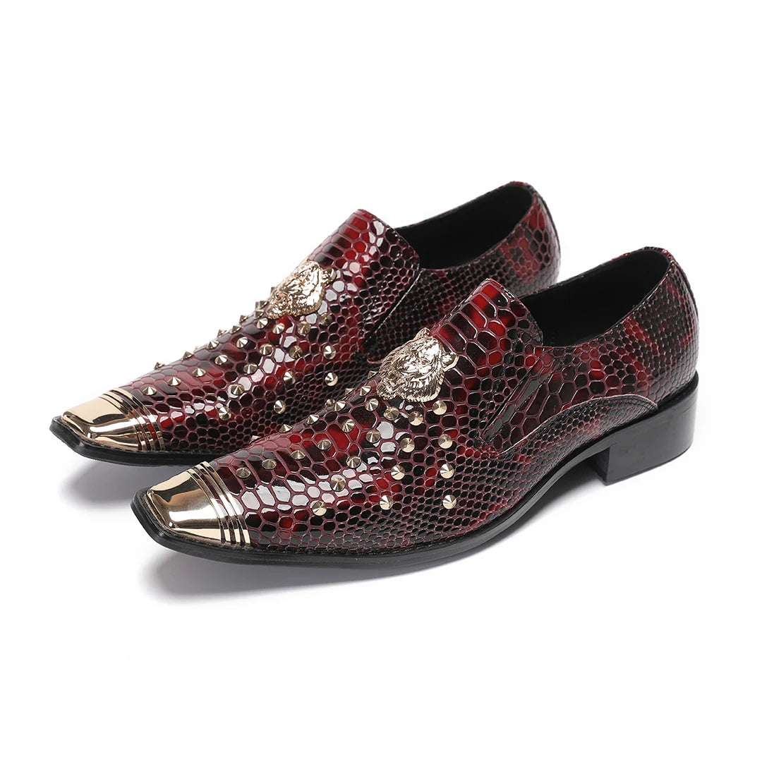 Amay Italian Metal Pointed Toe Male Dress Shoes Man Rivets Night Club Party Formal Shoes Slip on Oxfords Business Men Brogue Shoes