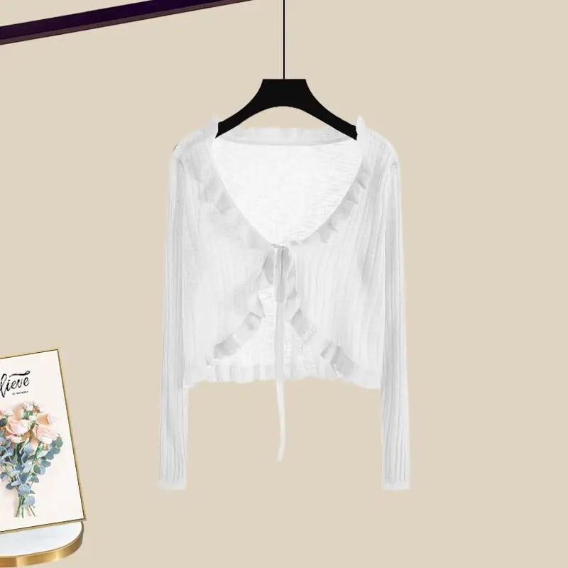 Maxy Summer Sun Protection Ice Silk Chiffon Shirt Ruffle Suspender Dress Two-piece Set Elegant Women's Dress Set Party Dress