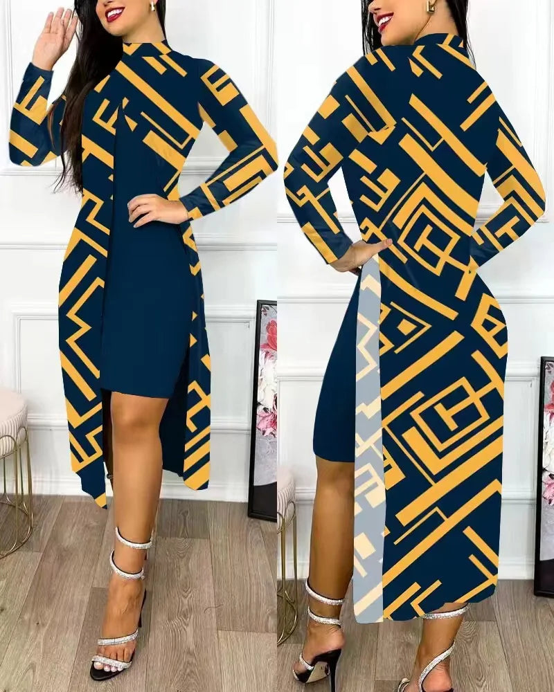 Maxy Two Piece Set Women Print Dresses Sets Full Sleeve Half High Collar Split Cardigan Dress Suits Elegant A Line Office Lady