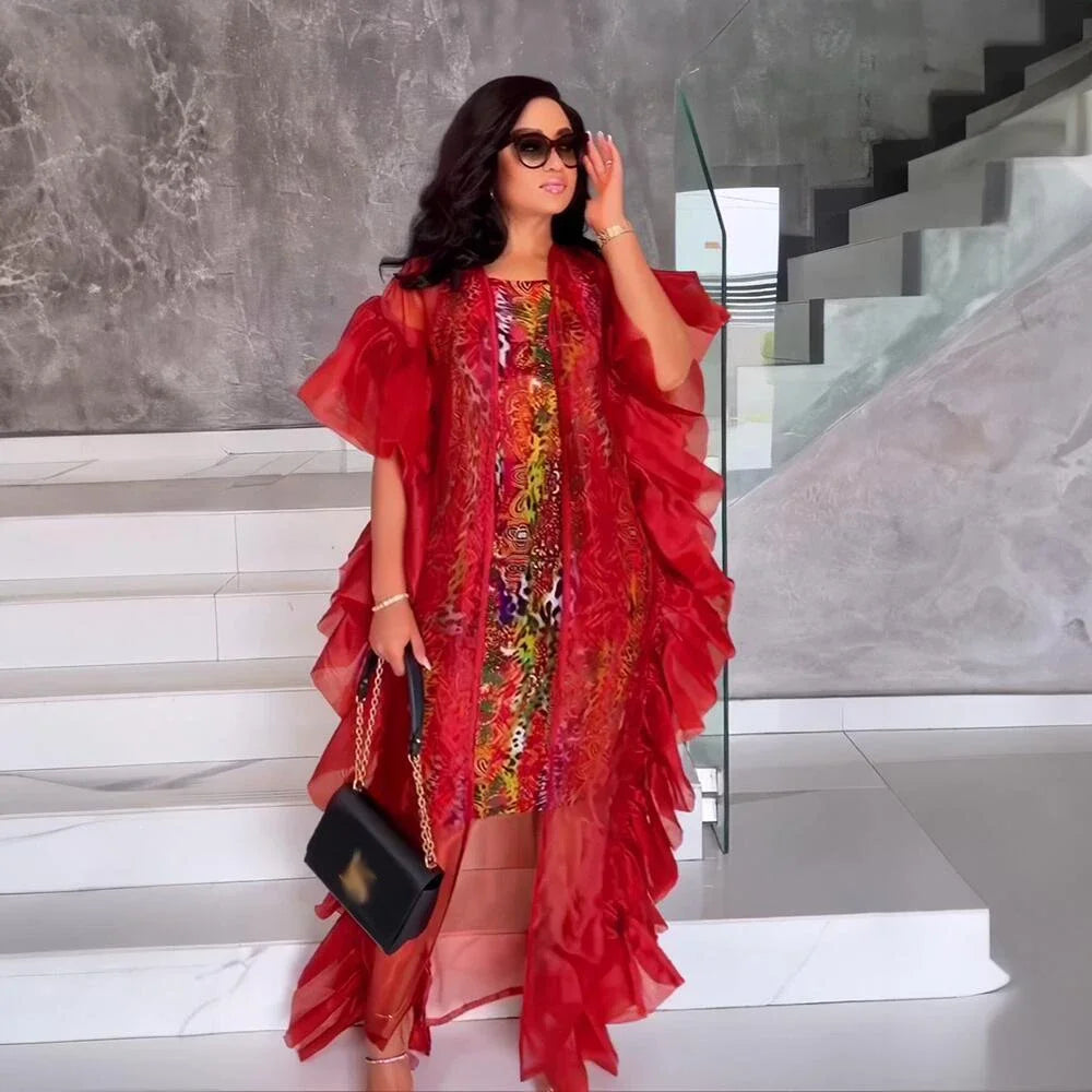 Maxy Dashiki African Evening Dresses for Fashion Women Mesh Ruffle Open Abaya Elastic Print Inner Dress Set Turkey Wedding Femme Gown
