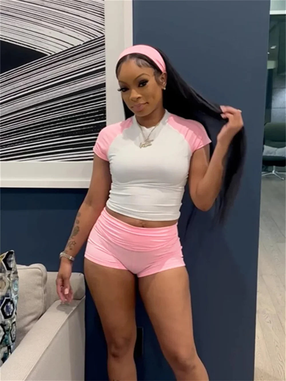 Maxy Sporty Patchwork 3 Piece Set Women Casual Summer Headband Crop Top+High Waist Bike Shorts Street Matching Tracksuit