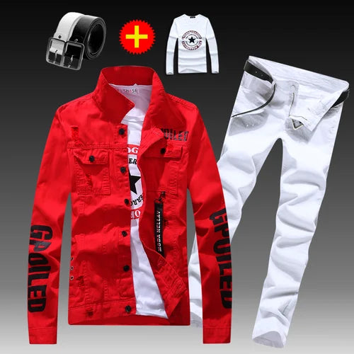 Visco Men's Slim Fit Denim Jacket Pants 2pcs Set Long Sleeve Coats Letters Printed Casual Large Size Black White Red Boys Trousers