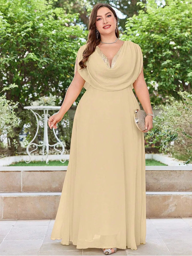 Maxy Plus Size V Neck Chiffon Yellow Floor Floor Bridesmaid Luxury Dress 4XL 5XL Big Size Shiny Chiffon Banquet Evening Dress Women
