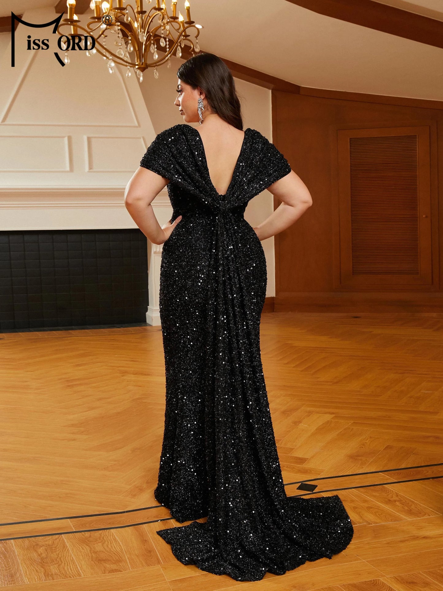 Momsey New Plus Size Black Draped V-neck Short Sleeved Sequin Mermaid Evening Floor Length Dress