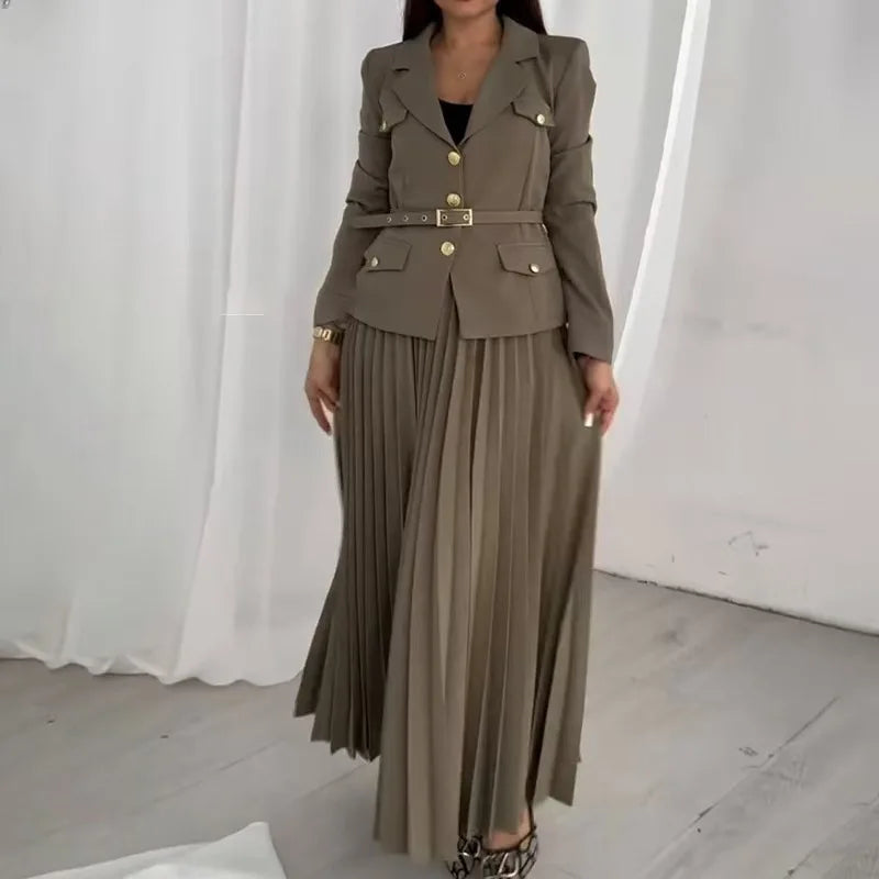 Amay Elegant Women Two Pieces Set Single-breasted Lapel Jacket Coat Belt Pleated Midi Skirt Suit office Lady New In Matching Set