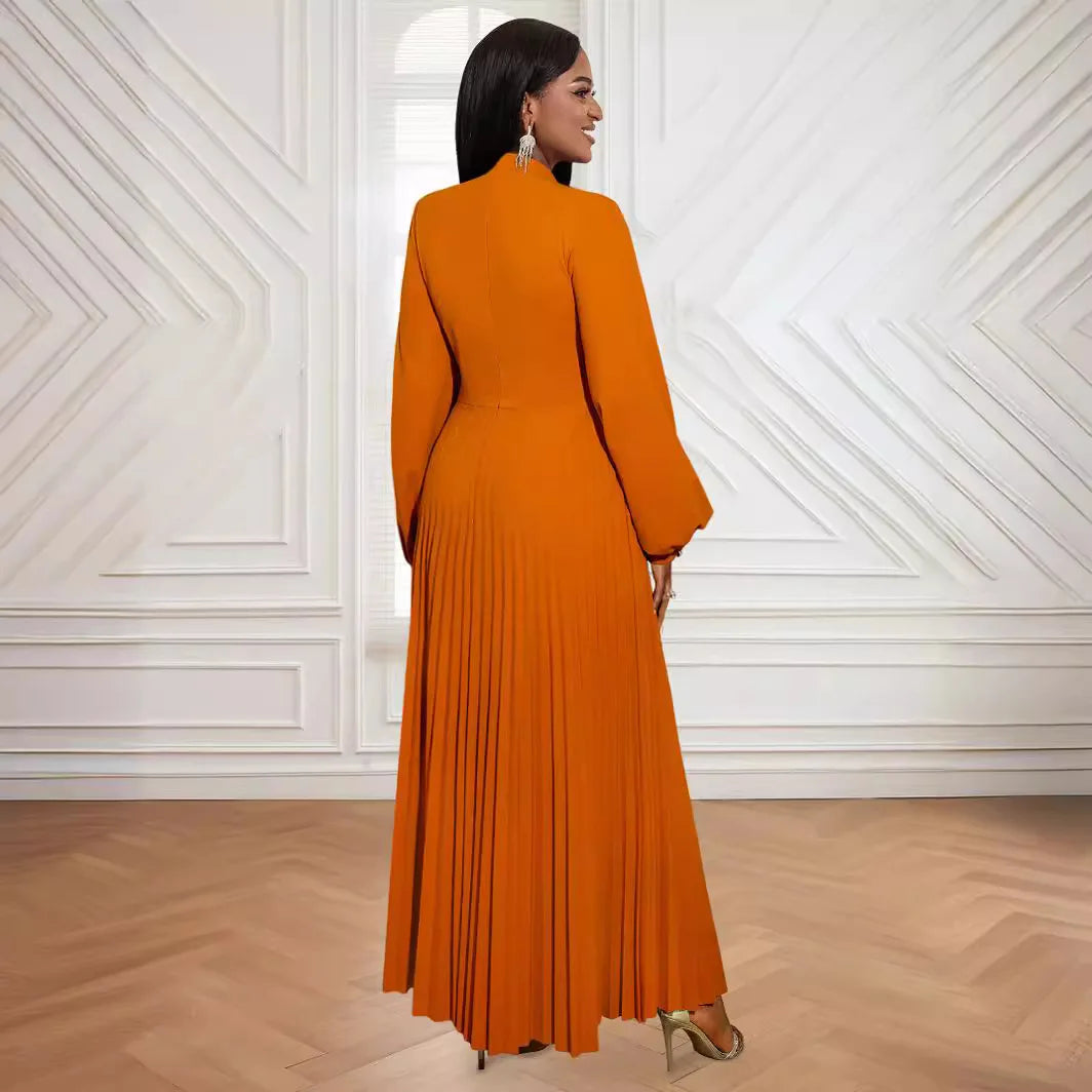 Maxy high-end hollow out small stand up collar party dress autumn lantern sleeve pleated dress