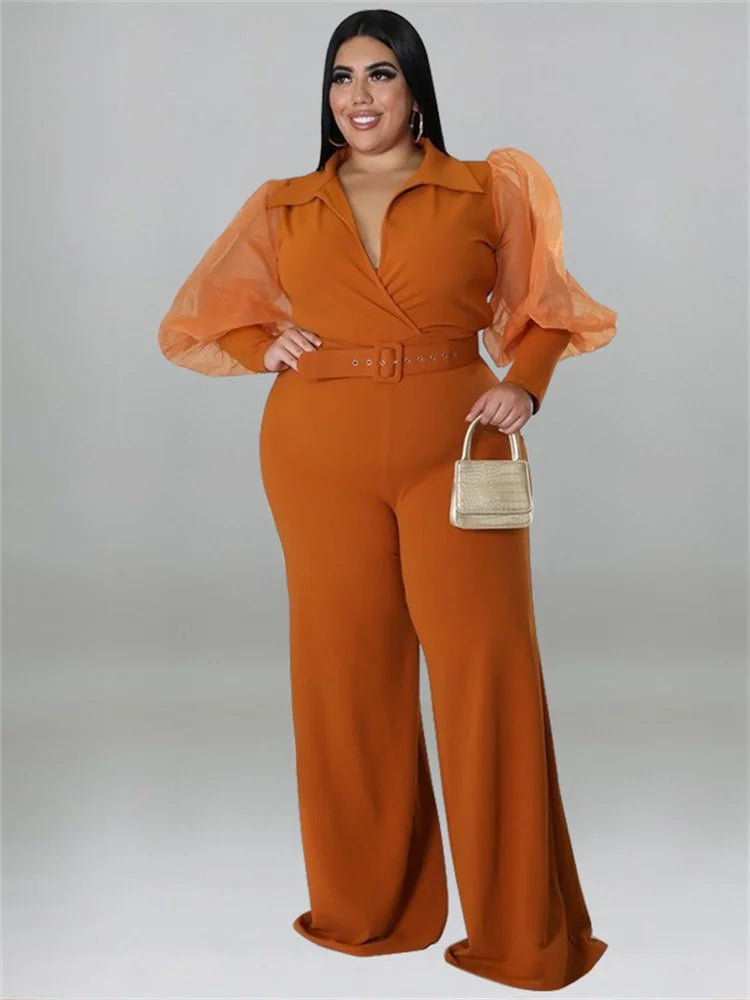 Wmstar Jumpsuit Plus Size Women Clothes V Neck with Belt Single Mesh Sleeve Elegant Bodysuit Office Lady Wholesale Dropshipping