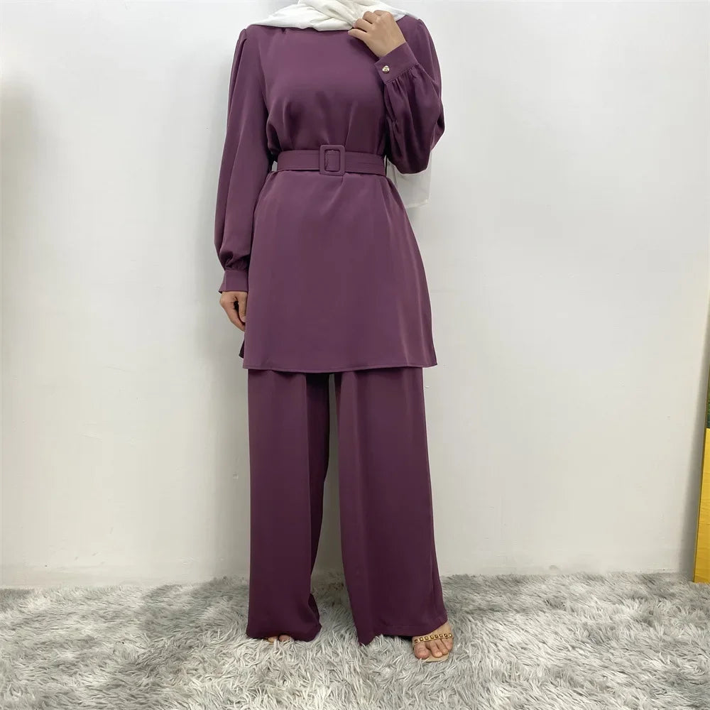 Maxy Muslim Women Long Sleeve Tops Wide Leg Pants Set Eid Ramadan Islam Clothing Dubai Turkey Kaftan Dress Arabic Outfits Suit Abaya