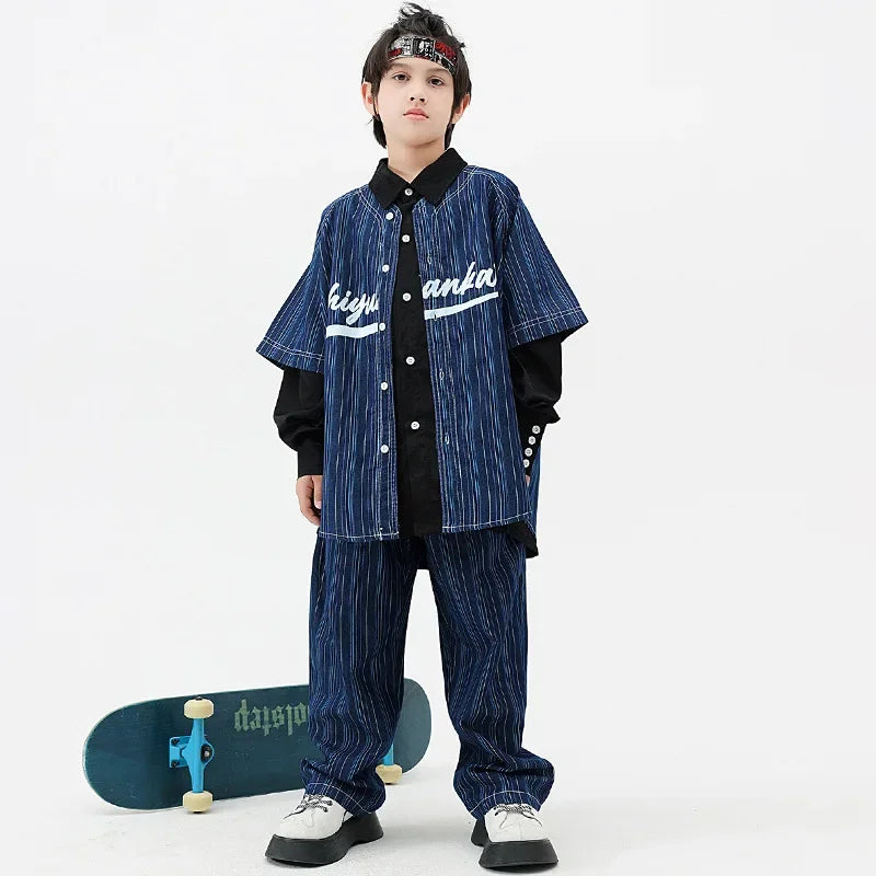 Maxy Kids Boys Girls Stripe Denim Shirts Pants Suits Sets Fashion Streetwear Baseball Shirt Pant Children Tracksuits Hip Hop Clothing