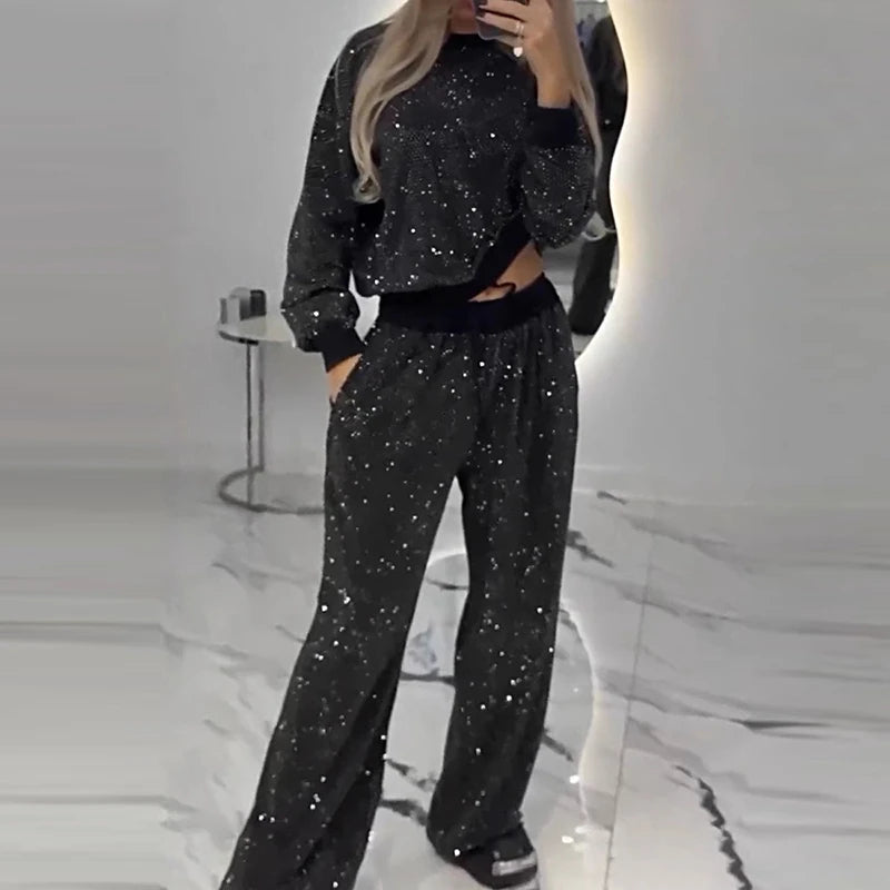 Maxy Autumn Glitter Suit Winter Fashion Long Sleeve Shinny Blouse Top+Drawstring Pants Set Casual Women Sportwear Two Piece Tracksuit