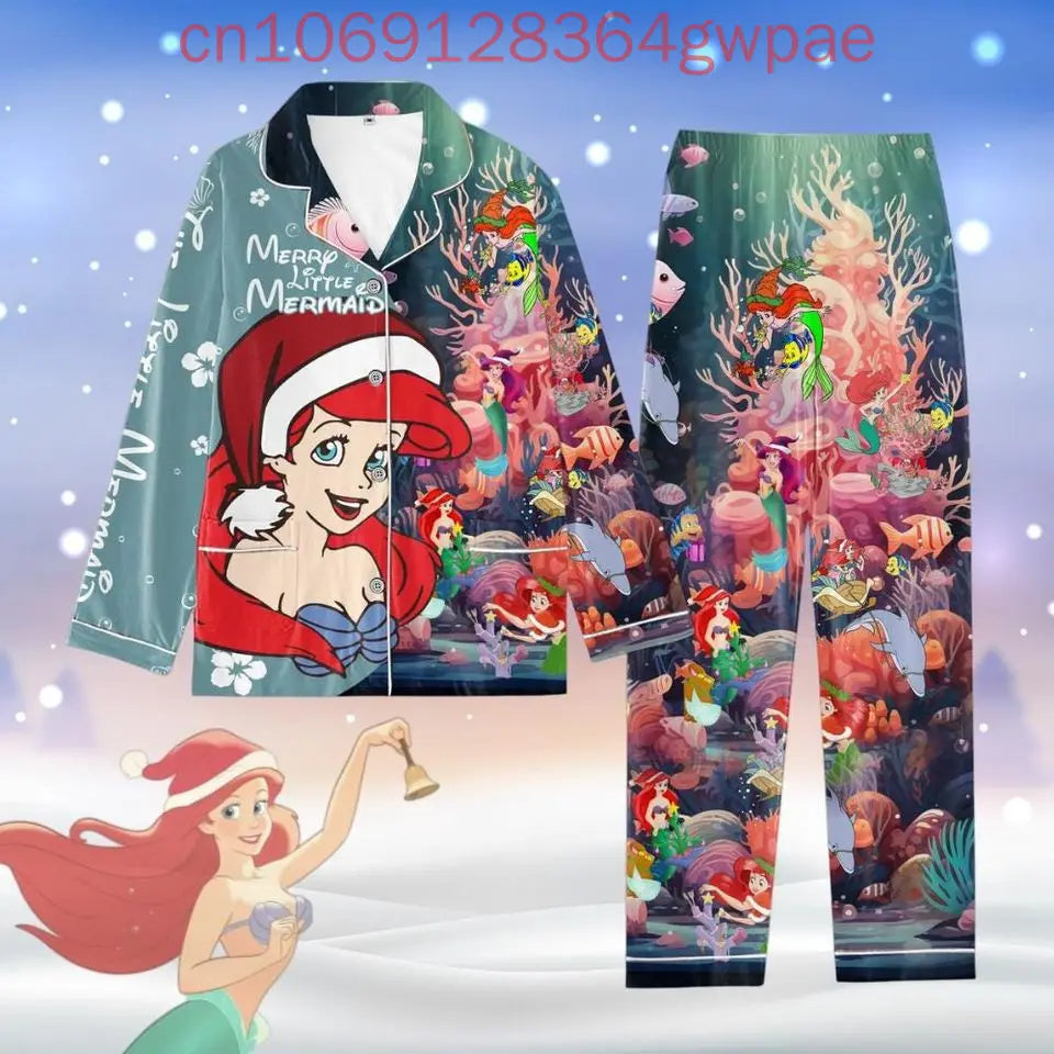 Babs Little Mermaid Ariel Princess Pajama Set Disney 3d Printed Casual Men's and Women's Long Sleeve Shirt Pajama Set