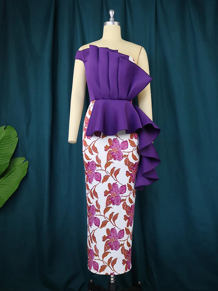 Purple Printed Dresses for Women Sleeveless Trim Ruffles Empire Midi Patchwork Birthday Evening Party Event Large Size Outfits