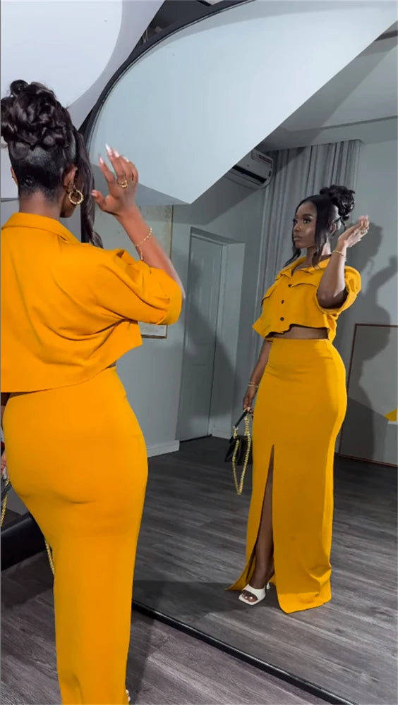 Maxy Latest Design Skirt Set Polo Collar Short Shirt Top and Long Split Skirt Set 2 Two Piece Summer Outfits for Women Elegant