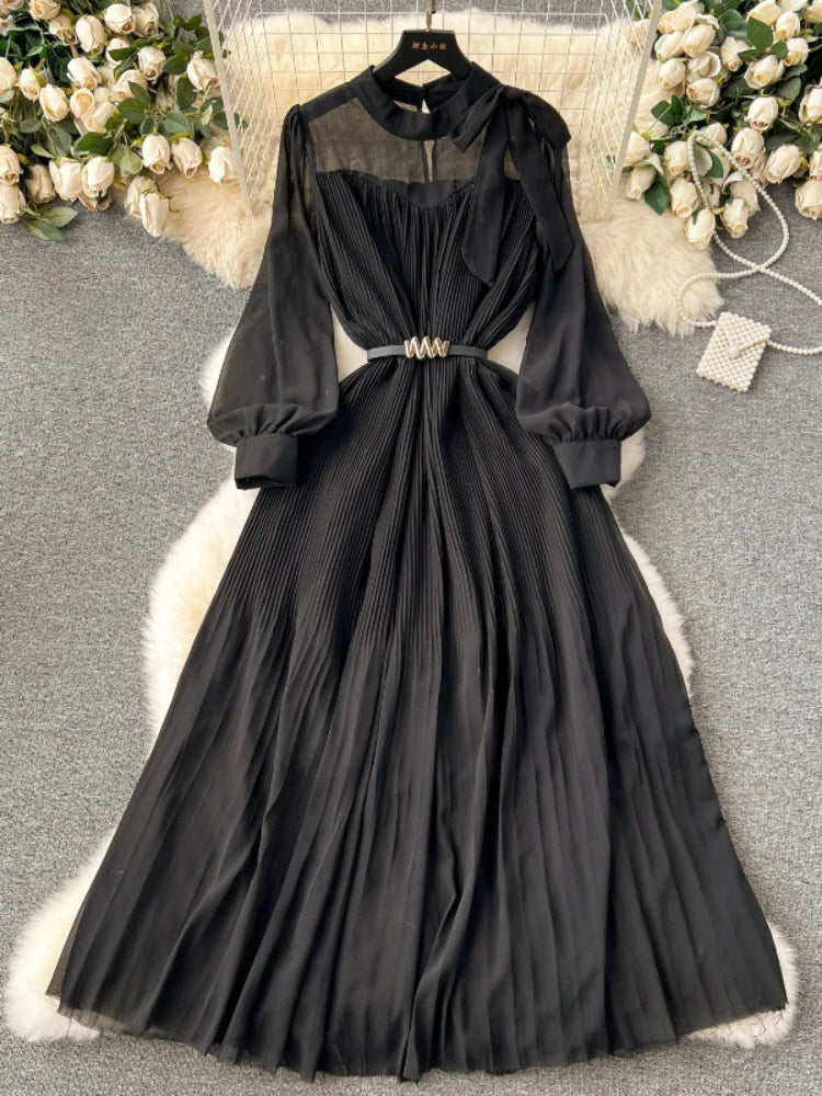 Women Elegant Pleated Long Dress Spring Autumn Sweet Bow Chiffon Dresses Ladies Vintage Bubble Sleeves Casual Long Robe Vestidos