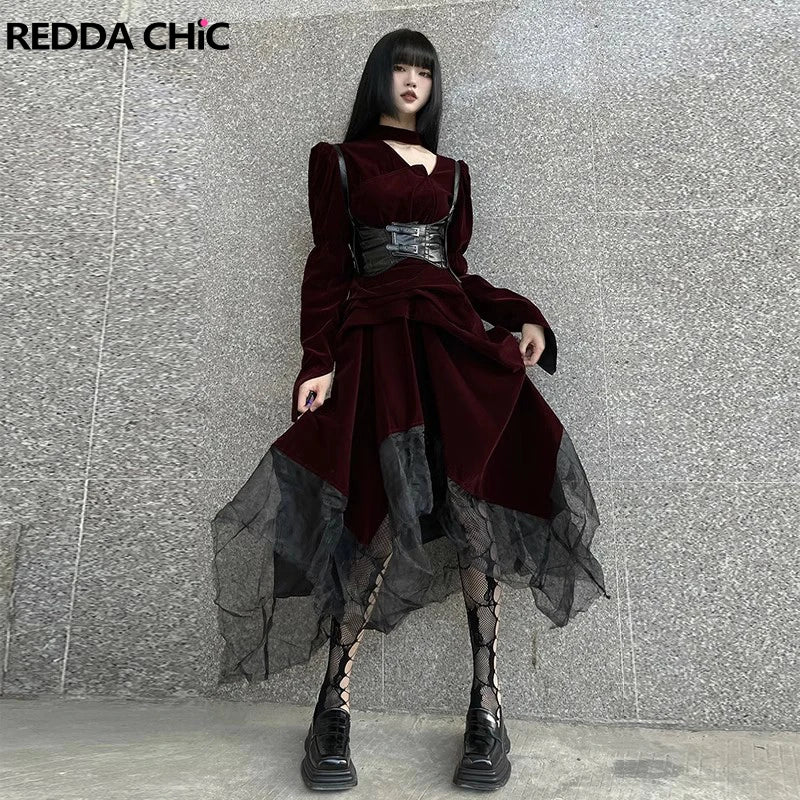 Maxy Women Long Velvet Dress Waist Cincher 2-piece Set Retro Red Cut-out Irregular Hemline Lace Stitch Y2k Goth Party Gown
