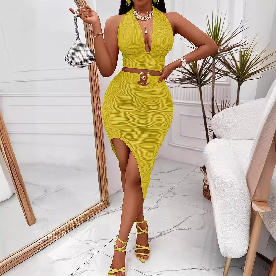 Maxy Summer New V-neck Hanging Neck Top Split Half Skirt Two-piece Set Fashionable Women's Short Skirt Set Casual Full Set Clothing