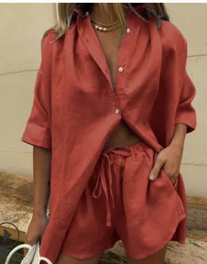 Maxy European and American Summer New Women's Solid Color Single breasted Short sleeved Shirt Two piece Set of Wide Leg Pants