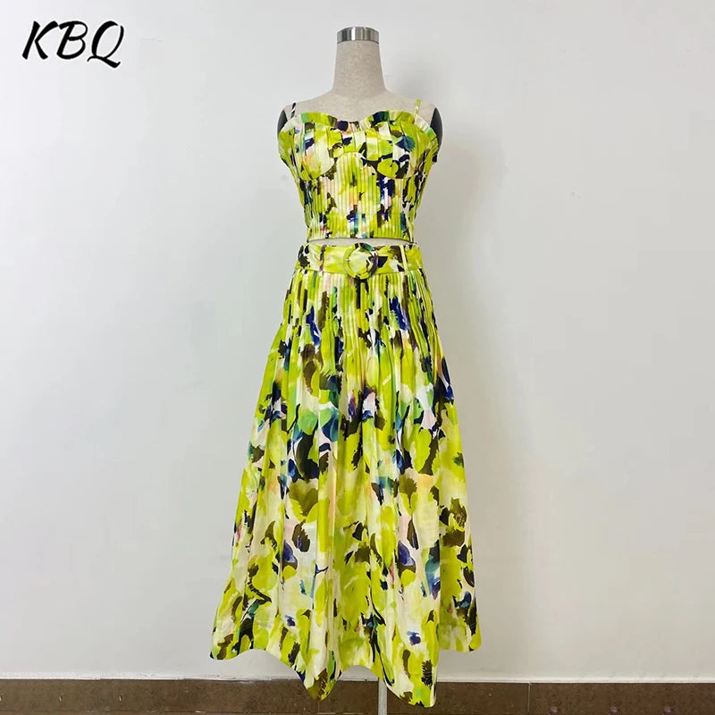 Amay Printing Elegant Two Piece Set For Women Strapless Sleeveless Mini Top High Waist Spliced Belt Skirt Slimming Sets Female