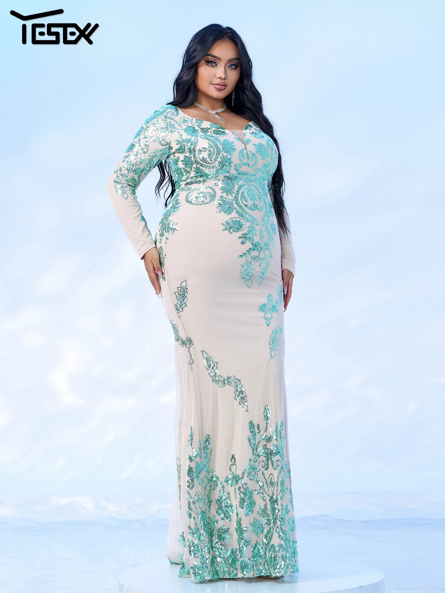 Maxy Yerex New Plus Size Green Long Sleeves Sequin Mermaid Evening Gown Graduation Wedding Birthday Party Formal Occasion Dresses