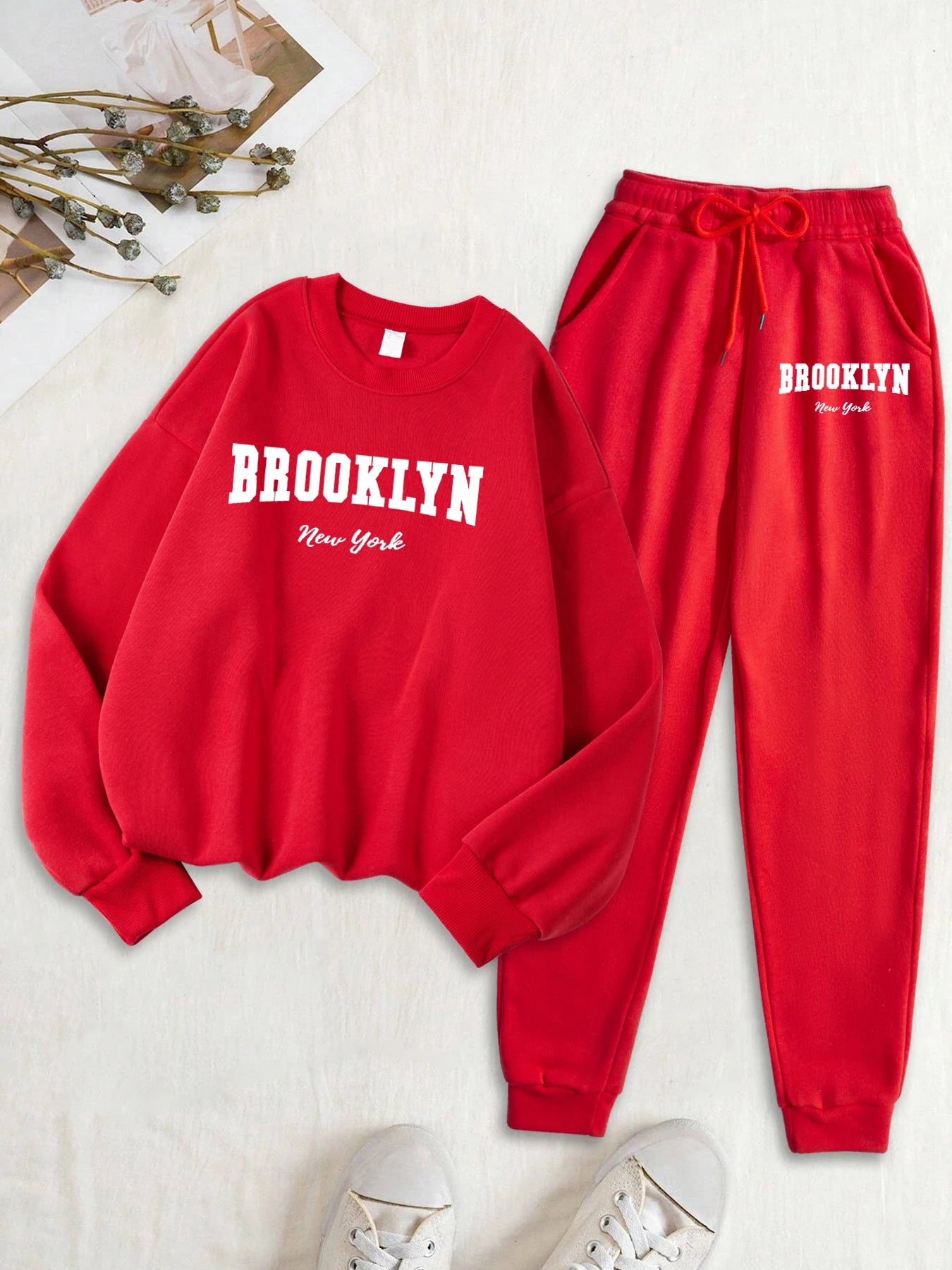 Maxy Brooklyn New York Letter Print Women Sweatshirt Set Autumn Fleece Clothes 2Pc Sets O-Neck Casual Tracksuit Fashion Jogging Pants