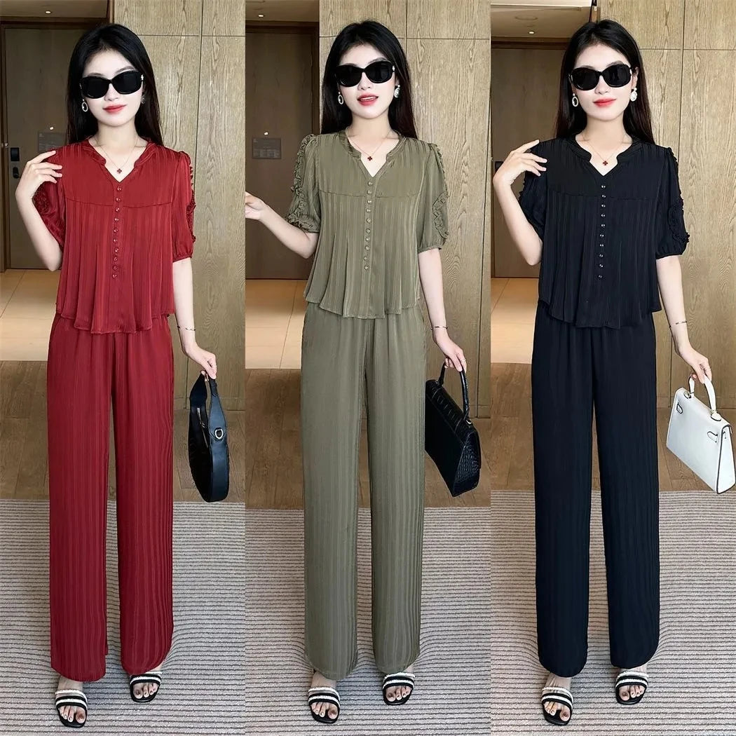 Maxy Short Sleeved Oversized Slimming Stylish Casual Summer Set Korean Version Sun Protection Suit For Women Shirt+Pant Two-Piece Set
