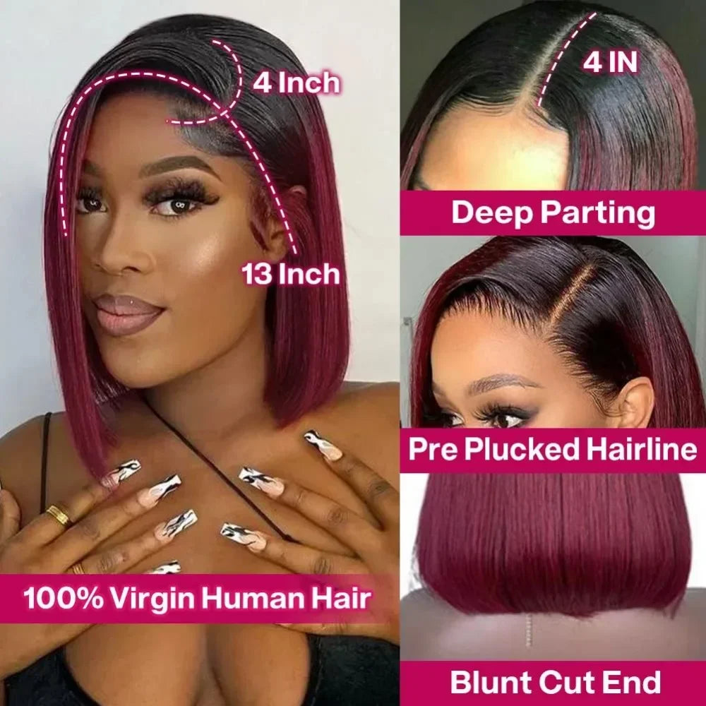 Maxy Ombre Burgundy Human Hair 13x4 HD Lace Frontal Wigs Glueless Short Straight Bob Wigs T1B/99J For Black Women Pre Plucked 12 Inch