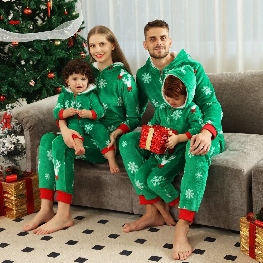 New Family Christmas Clothes Red Flannel Pajamas Warm Soft Jumpsuit Print Parent-child Matching Outfits Hooded Romper Xmas Look